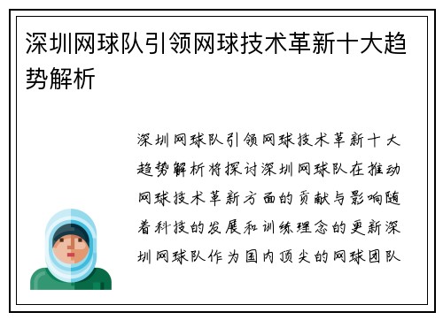 深圳网球队引领网球技术革新十大趋势解析